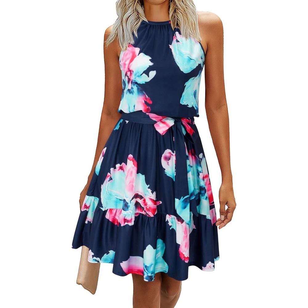 Newshows Womens‎ Floral Halter Neck Mini Dress Blue Pink Stretchy Summer Size S